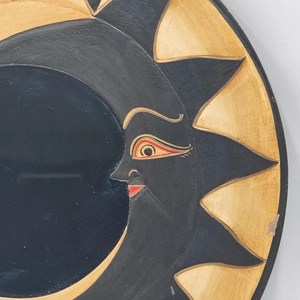 Vintage Hand Carved Celestial Sun Moon Mirror Bali Folk Art Wall Decor Eclectic